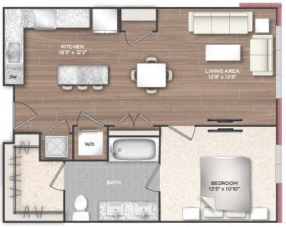 Floor plan for 1 bed, 1 bath, 723 sqft
